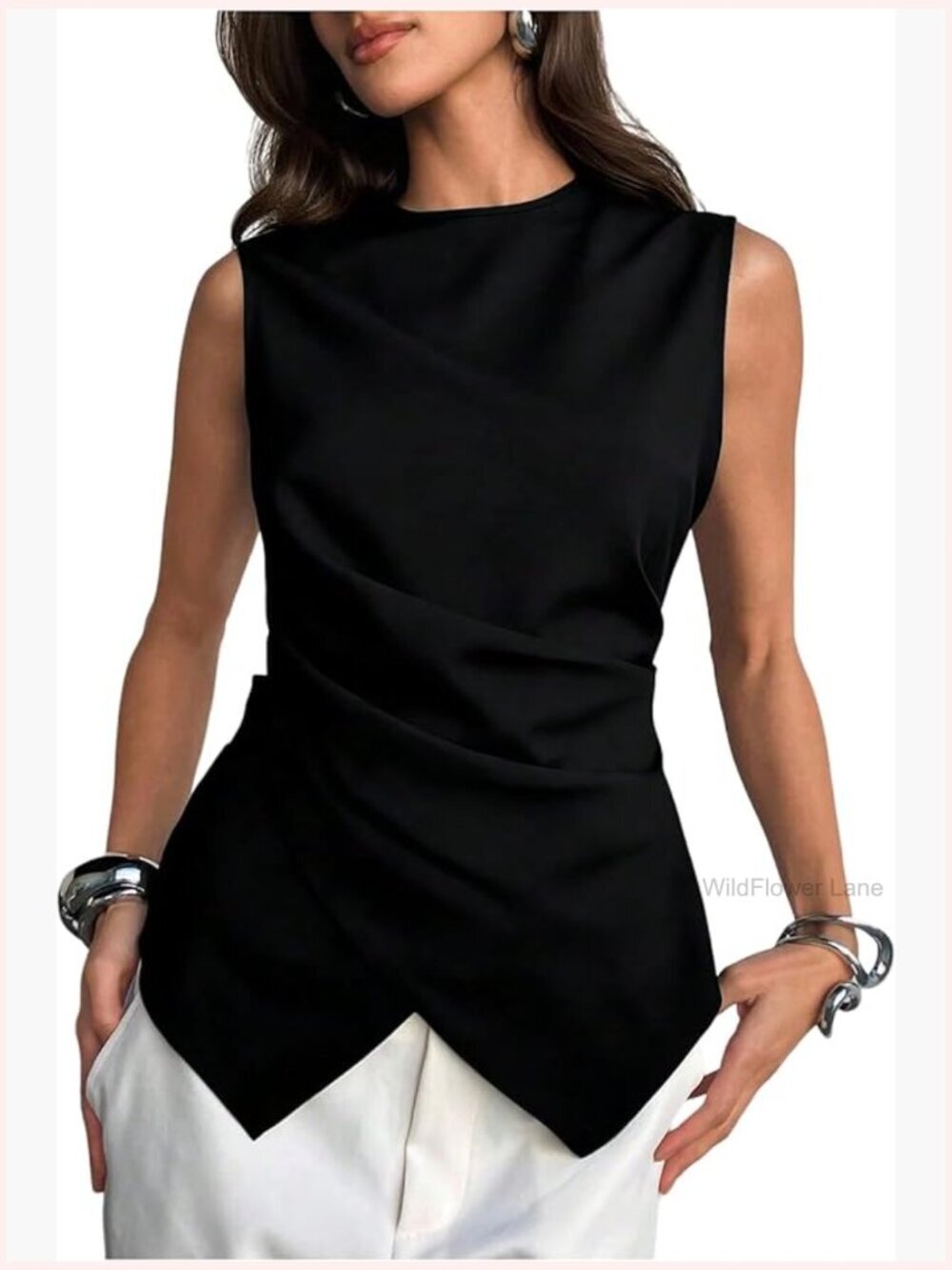 Sleeveless Dressy Blouse Asymmetrical Wrap Hem Ruched Office Work Tops